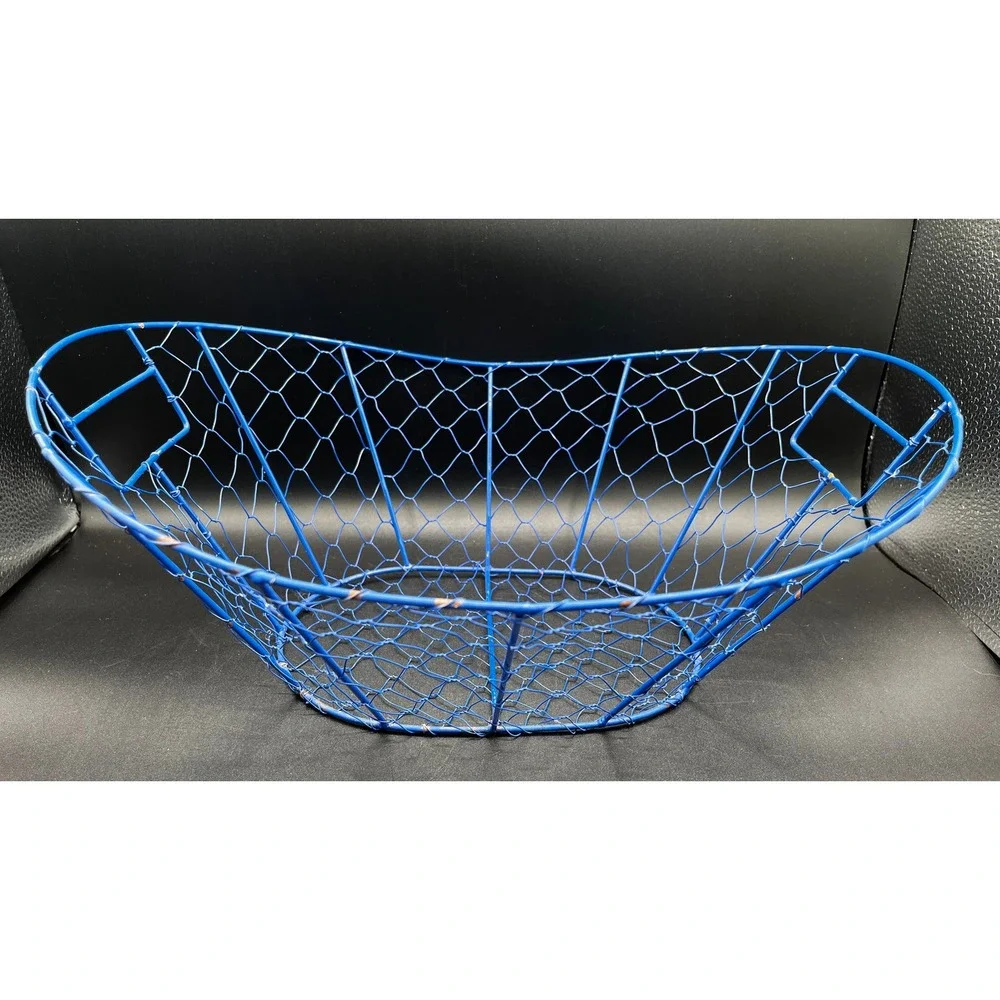 Blue Metal Chicken Wire Basket Scalloped Oval Storage Fruit Bowl Handles 16x12